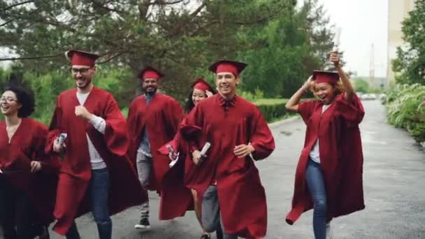 Slow motion av glada Nygrader kör tillsammans under regn viftande examensbevis och skrattande bär röda kappor och murbruk-styrelser. Liten regn är synlig. — Stockvideo