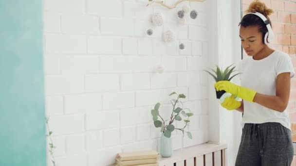 Alegre ama de casa mujer afroamericana está escuchando música a través de los auriculares y el polvo haciendo limpieza en el apartamento moderno, chica está bailando y cantando . — Vídeos de Stock