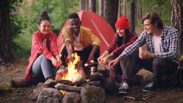 Boucle cinématographique - groupe multiracial de touristes prépare des aliments rôtissant guimauve sur un feu ouvert assis dans la forêt et souriant. Randonnée pédestre, mode de vie sain et concept jeunesse . — Video