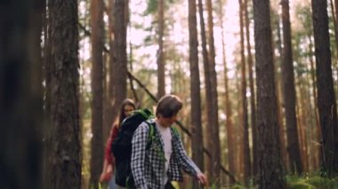 Genç dikkatsiz erkek ve kadınların ormanda arka çantalar taşıyan, söz ve gülümseyen güneşli yaz gününde hiking. Seyahat, macera ve gençlik kavramı.