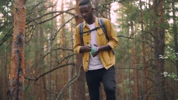 Sonriente hombre afroamericano está caminando en el bosque mirando el mapa en busca de destino turístico deseado y luego reanudar la caminata. Naturaleza, estilo de vida activo y concepto de navegación . — Vídeo de stock