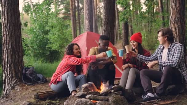 평온한 관광객 뜨거운 음료와 부딪치는 주위에 마시는 토스트는 레크리에이션 청소년 — 비디오