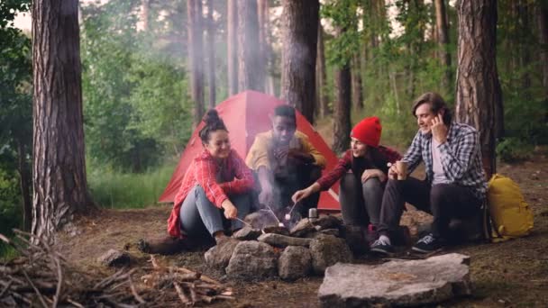 Groupe multiracial de jeunes voyageurs masculins et féminins prépare des aliments rôtissant guimauve sur le feu assis dans la forêt et souriant. Randonnée pédestre, mode de vie sain et concept jeunesse . — Video