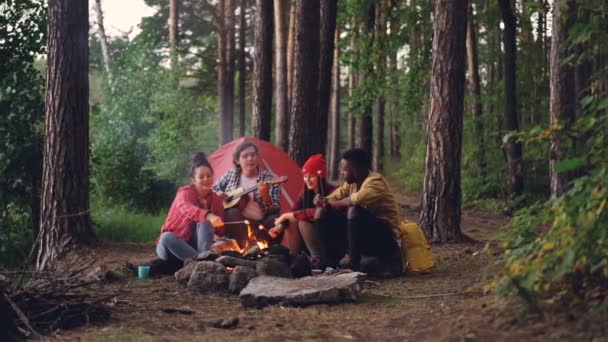 カジュアルな服で男観光は彼の友人の料理、秋の日のキャンプファイヤーの周りに座って甘いマシュマロを食べながらギターを弾いています。人とキャンプのコンセプト. — ストック動画