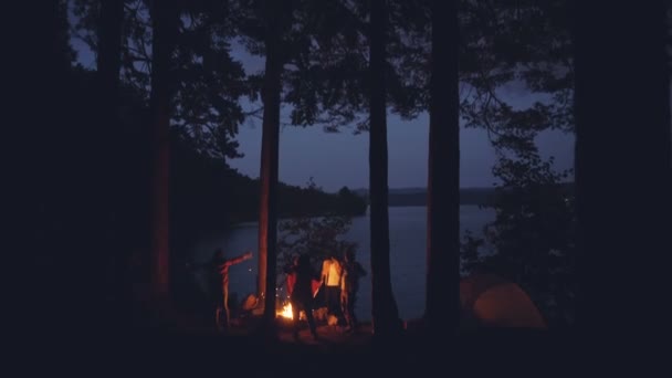 La juventud aventurera está bailando alrededor de la fogata en el bosque cerca del hermoso lago en la noche de verano, los amigos se están divirtiendo y relajando el fin de semana. Naturaleza y concepto de los millennials . — Vídeo de stock