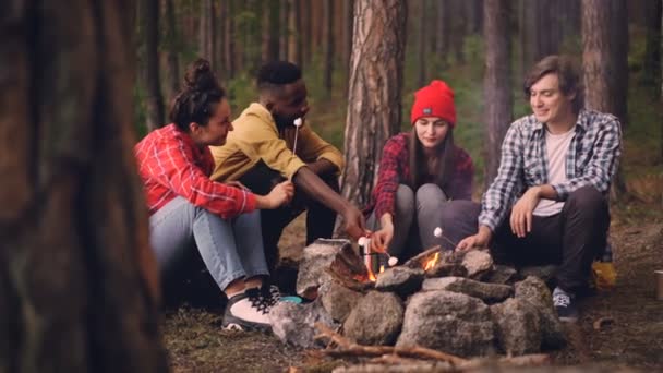 Голодные путешественники готовят зефир в огне и едят его из палочек во время разговора вокруг костра, люди разговаривают и смеются наслаждаясь сладкой едой . — стоковое видео