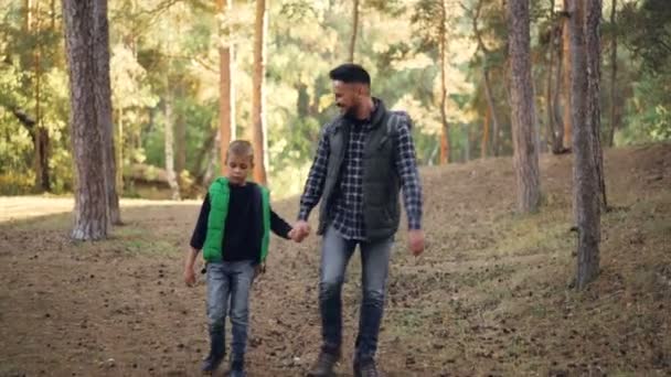 Il padre premuroso sta camminando con suo figlio nella foresta nella soleggiata giornata autunnale, uomo e ragazzo camminano e parlano tenendosi per mano. Genitorialità e concetto di infanzia . — Video Stock