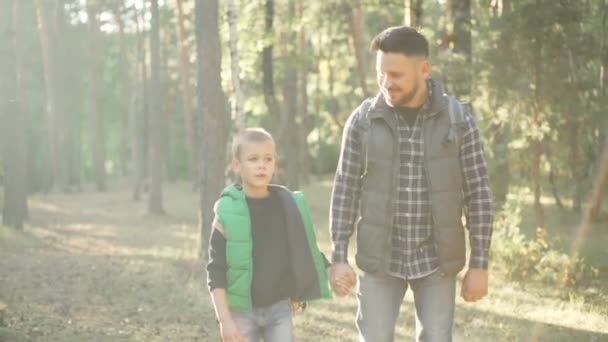 Slow motion of young family bearded man and his adorable son hiking in firest holding hands and talking. Paternal love, outdoor adventure and nature concept. — Stock Video