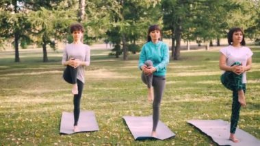 Kadın yoga öğrenciler tek ayak üstünde paspaslar Park karşı egzersiz ayakta yapıyorsun, profesyonel öğretim görevlisinin rehberliğinde eğitim kızlar.
