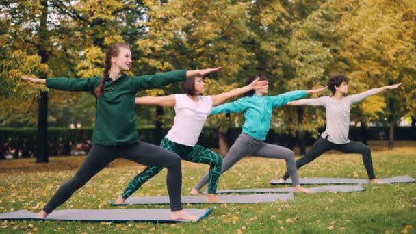 Giovani studenti di yoga signore sono in piedi in posa guerriero poi spostandosi in posizione triangolo durante le lezioni all'aperto nel parco in autunno. Concetto di gioventù e salute . — Video Stock