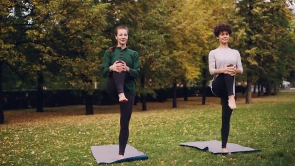 Couple of girls are doing yoga in park practising balancing exercises standing on one leg during individual yoga practice with professional instructor. — Stock Video