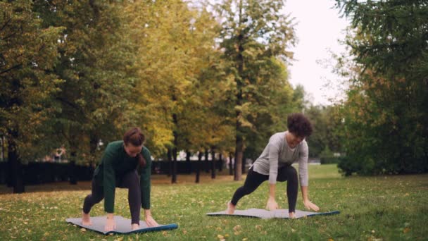 Las niñas sonrientes profesora de yoga y alumna están haciendo ejercicio al aire libre sobre hierba en el parque practicando asanas sobre esteras con árboles verdes y amarillos a su alrededor. Concepto de salud y deporte . — Vídeos de Stock