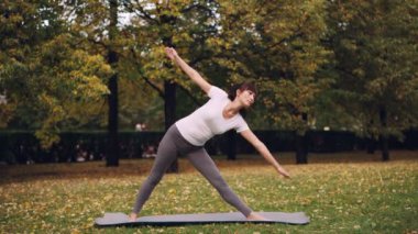 Çekici genç kadın açık havada mindere ayakta ve asanas üçgen poz ve temiz hava zevk savaşçı pozisyonu dizisi pratik yoga yapıyor.