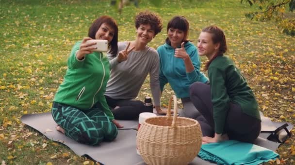 Jolies jeunes femmes prennent selfie avec smartphone pendant le pique-nique dans le parc assis sur l'herbe, posant et riant en s'amusant. Nature, amitié et concept technologique . — Video