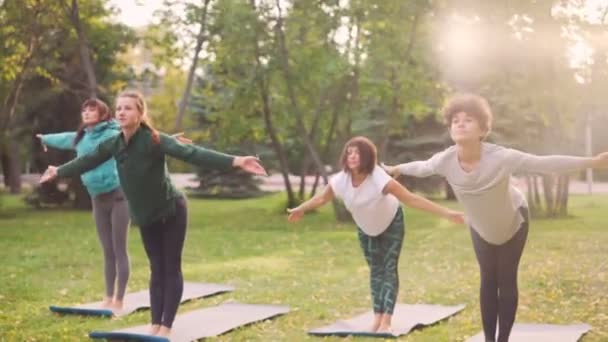 Aktive junge Leute turnen an warmen Herbsttagen am Wochenende im Park und machen Yoga-Übungen im Stehen auf Matten. Gesunder Lebensstil und Jugendkonzept. — Stockvideo