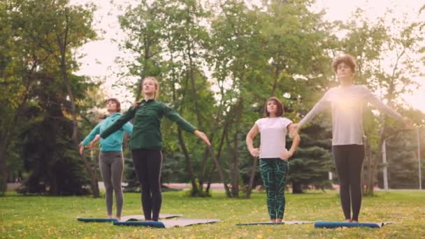 Yoga-Studenten praktizieren Asanas im Freien während des Unterrichts im Park am Wochenende, um Körper und Geist zu entspannen. Freizeitaktivitäten, natürliche Umwelt und Jugendkonzept. — Stockvideo