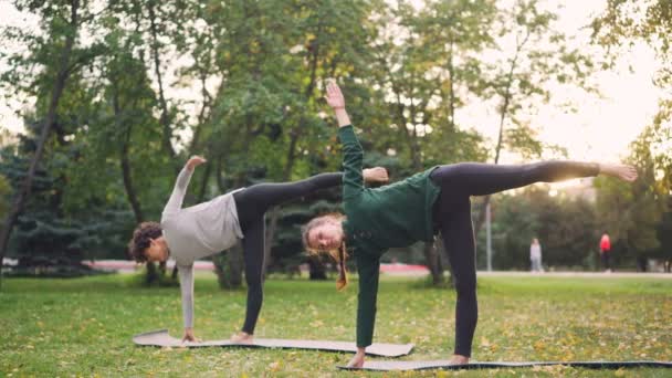 Hermosas damas jóvenes están de pie en la posición de media luna Ardha Chandrasana durante la clase de yoga par en el parque. Estilo de vida saludable, enseñanza y aprendizaje y concepto deportivo . — Vídeo de stock