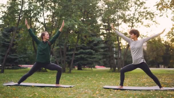 Chicas atractivas están disfrutando del yoga al aire libre en el parque practicando posiciones de pie sobre esteras. Instructor está hablando estudiante de enseñanza, ambas mujeres están relajadas y felices . — Vídeos de Stock