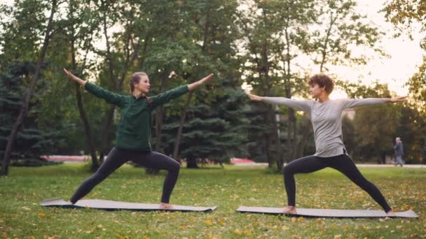 Las mujeres bonitas es ropa deportiva de moda están entrenando al aire libre haciendo yoga disfrutando del movimiento, el aire fresco y el clima cálido de otoño. Concepto deportivo y juvenil . — Vídeos de Stock