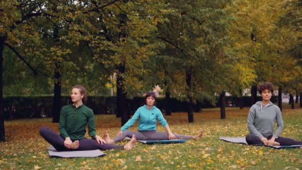 見栄えの良いアスリートは、週末の都市公園におけるヨガのマットの上に座ってのストレッチ体操をやっています。余暇活動、共通の趣味、若者の概念. — ストック動画