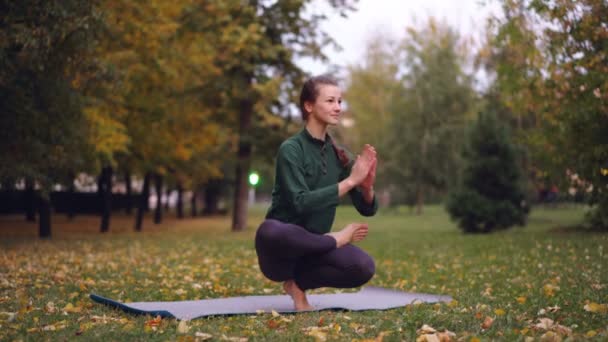Menina bonita yogini está se exercitando no parque no tapete praticando posições de equilíbrio em uma perna e relaxante. Estilo de vida saudável, atividade de tempo livre e conceito de pessoas . — Vídeo de Stock