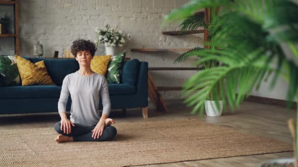 Relajada jovencita está sentada en Fire Log Pose Agnistambhasana en el piso del apartamento y respirando dentro y fuera durante la práctica de yoga en casa. Concepto de millennials y deportes . — Vídeo de stock