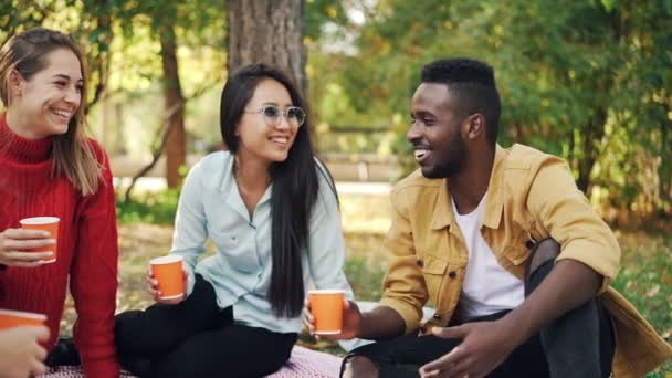 Movimiento lento de grupo multirracial de estudiantes hablando y riendo tintineo vasos con bebidas que tienen buen tiempo durante el picnic en el parque en otoño. Amistad y concepto divertido . — Vídeos de Stock