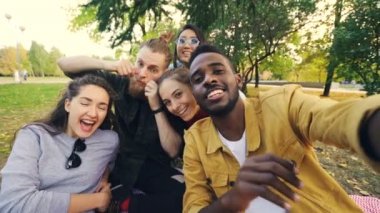 Arkadaşlar çok ırklı grup selfie battaniye, poz ve kameraya bakarak otururken park atıyor. Afrikalı-Amerikalı genç adam mermiyi tutuyor ve ekran dokunaklı.
