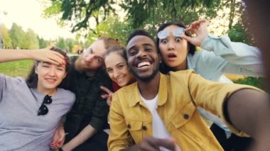 Gençlerin Amerikan Afrika, Asya ve Kafkasya alarak selfie piknik kameraya bakıyor ve gülüyor eğleniyor içecekler üzerinde çok ırklı grubudur.