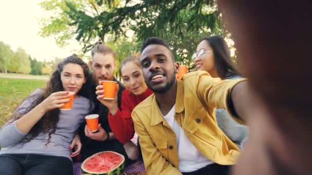 Fröhliche Studenten telefonieren im Internet aus dem Park auf einer Decke sitzend, trinken und unterhalten sich mit Blick in die Kamera. Kommunikation, Spaß und Technologiekonzept. — Stockvideo