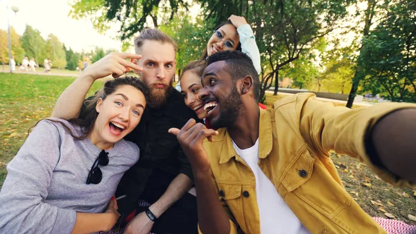 Multiracial group of friends is taking selfie in park sitting on blanket, posing and looking at camera. African American young man is holding device and touching screen. — Stock Photo, Image