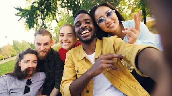 Multirazziale gruppo di amici sta prendendo selfie nel parco seduto su una coperta, in posa e guardando la fotocamera. Il giovane afroamericano tiene il dispositivo e tocca lo schermo . — Foto Stock