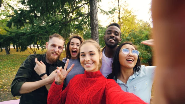 Punto di vista ripresa di giovane donna che tiene dispositivo con fotocamera e scattare selfie con gli amici multi-etnico gruppo nel parco in autunno. Fotografia e concetto di persone . — Foto Stock