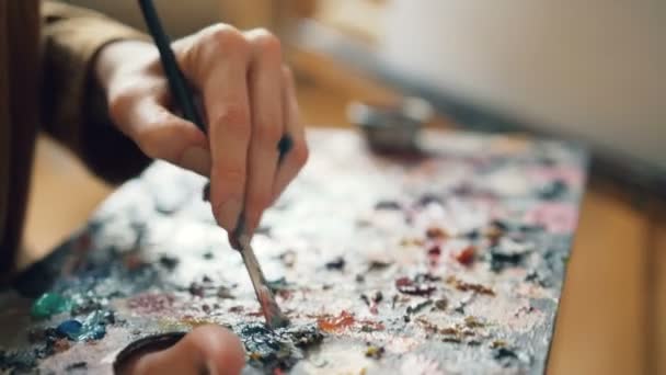 Gros plan de la palette et du pinceau de la main féminine, mélangeant les couleurs puis peignant des fleurs sur toile. Travail artistique, personnes créatives et concept d'outils . — Video