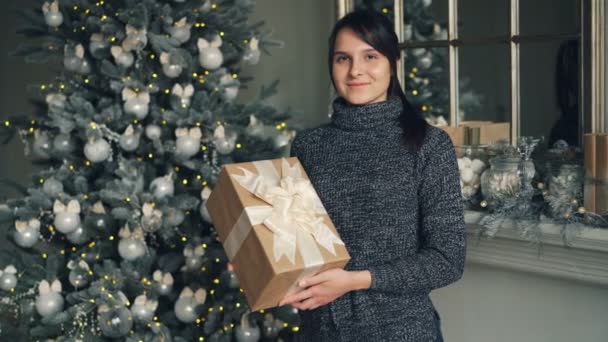 Πορτραίτο του happy νεαρή γυναίκα στο καθιερώνον τη μόδα πουλόβερ κρατώντας δώρο κουτί στέκεται κοντά σε στολισμένο χριστουγεννιάτικο δέντρο και χαμογελαστός βλέπουν φωτογραφική μηχανή. Έννοια παρουσιάζει και διακοπές. — Αρχείο Βίντεο