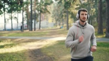 Dolly Park'ta çalışan ve güneşli sonbahar gününde müzik kulaklık ile yakışıklı sakallı adam bir kadeh. Modern teknoloji ve spor kavramı.