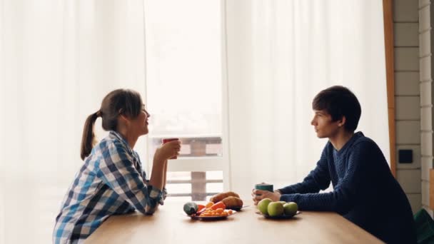 Zijaanzicht van man en vrouw het drinken van thee en praten zittend aan tafel in de keuken samen genieten van rustige ochtend thuis. Dranken en mensen concept. — Stockvideo