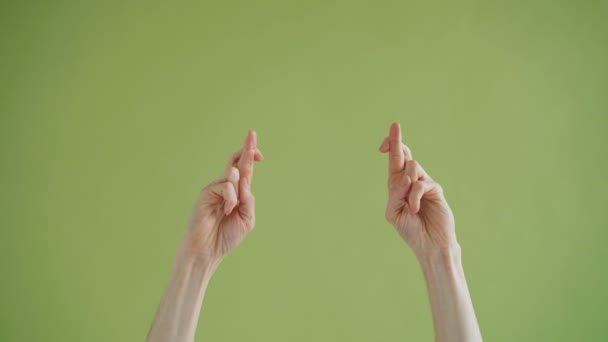 指を横切る祈りのジェスチャーを作る人間の男性の手のクローズアップショット — ストック動画
