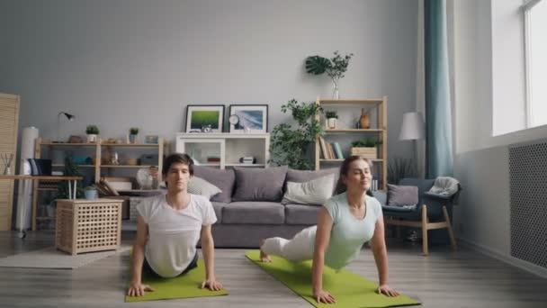 Мужчина и женщина вместе занимаются йогой в квартире на ковриках — стоковое видео