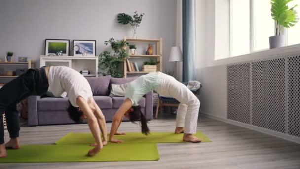 Familia joven haciendo gimnasia en casa haciendo ejercicio en posición de cangrejo en el suelo — Vídeos de Stock