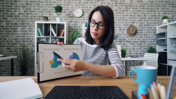 Portret van businesslady praten tonen grafiek tijdens videoconferentie in Office — Stockvideo