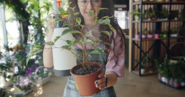 Mujer joven florista rociando planta en maceta con agua en floristería — Vídeos de Stock