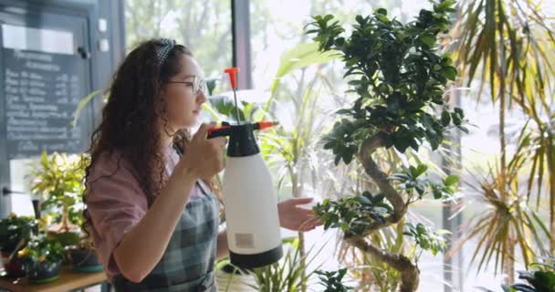 Trabalhador de loja de flores jovem mulher polvilhando plantas verdes com água e sorrindo — Vídeo de Stock