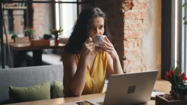 Avslappnad ung kvinna dricker kaffe sitter på bordet i Café ensam med laptop — Stockvideo