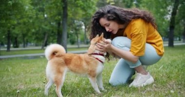 Evcil köpekle konuşan genç kadın yeşil parkta gülümseyen burunlara dokundu