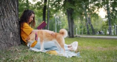 Köpeği çimenlikte parkta ot yerken öğrenciokuma kitabının yavaş hareketi