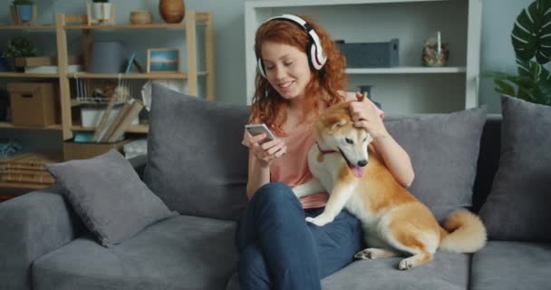 Linda dama disfrutando de la música en los auriculares usando smartphone acariciando perro en casa — Vídeo de stock