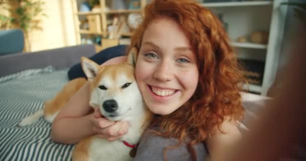 Primer plano retrato de niña y perro acostado en el sofá besando mirando a la cámara — Vídeos de Stock