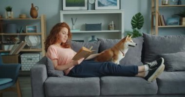 Gülümseyen genç bayan kanepe evde kitap okuma ve sevimli evcil hayvan köpek petting