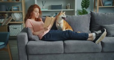 Çekici kız kitap okuma ve düz kanepe üzerinde Shiba inu köpek yavrusu okşayarak